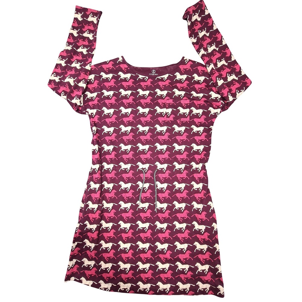 Lands End Kids Horse Print Long Sleeve Cotton Dress Burgundy Pink Size L 14+